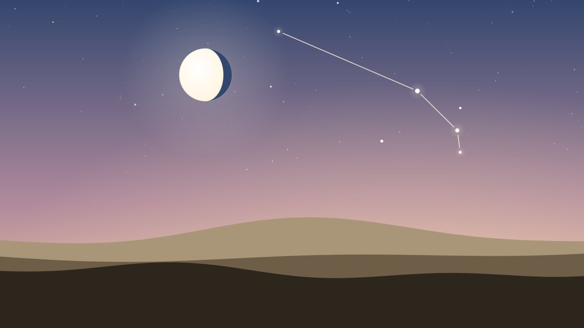 Illustration of a dawn sky over rolling hills with a waning gibbous Moon and the Aries constellation