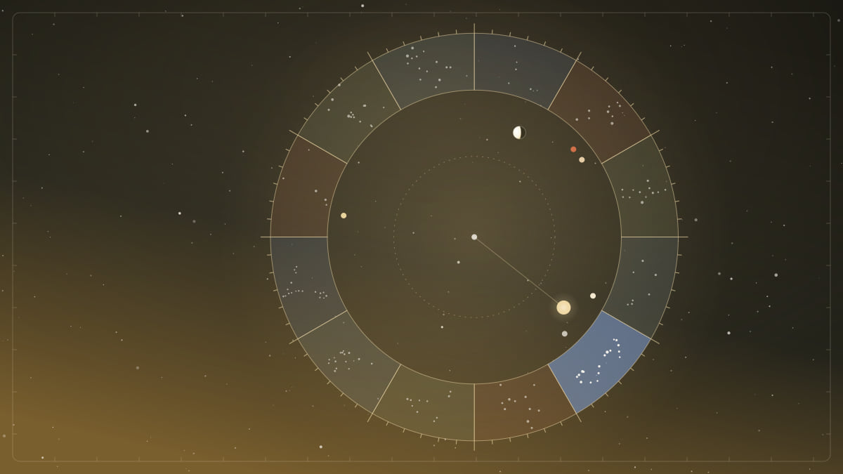 Illustration of a zodiac wheel of the twelve signs with the Scorpio segment highlighted, and the Sun, Moon and planets placed for the date