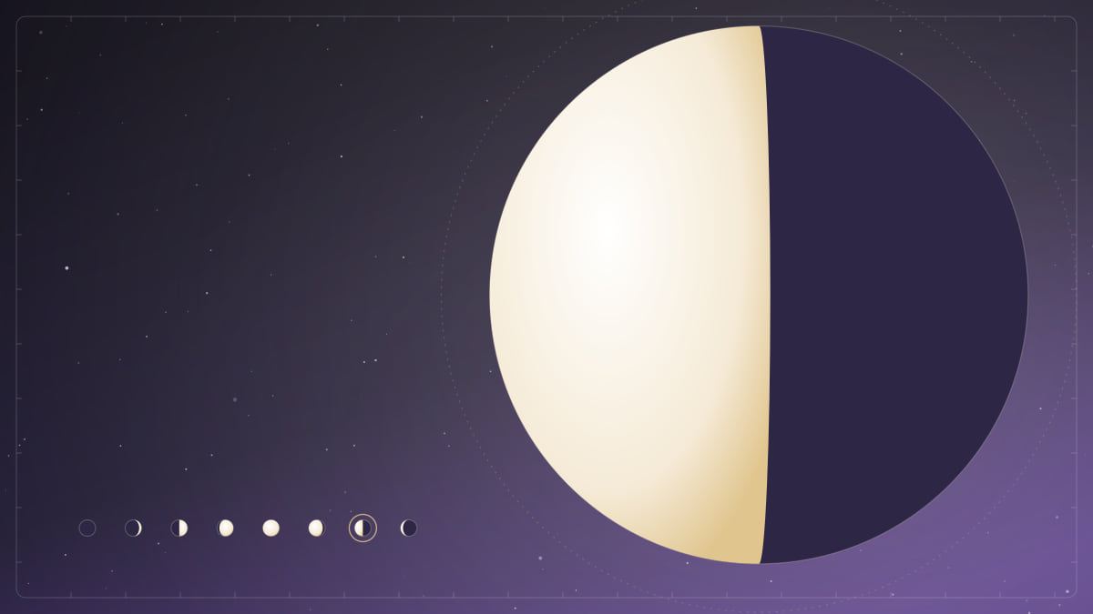 Illustration of a close-up of the last quarter Moon on a starry sky