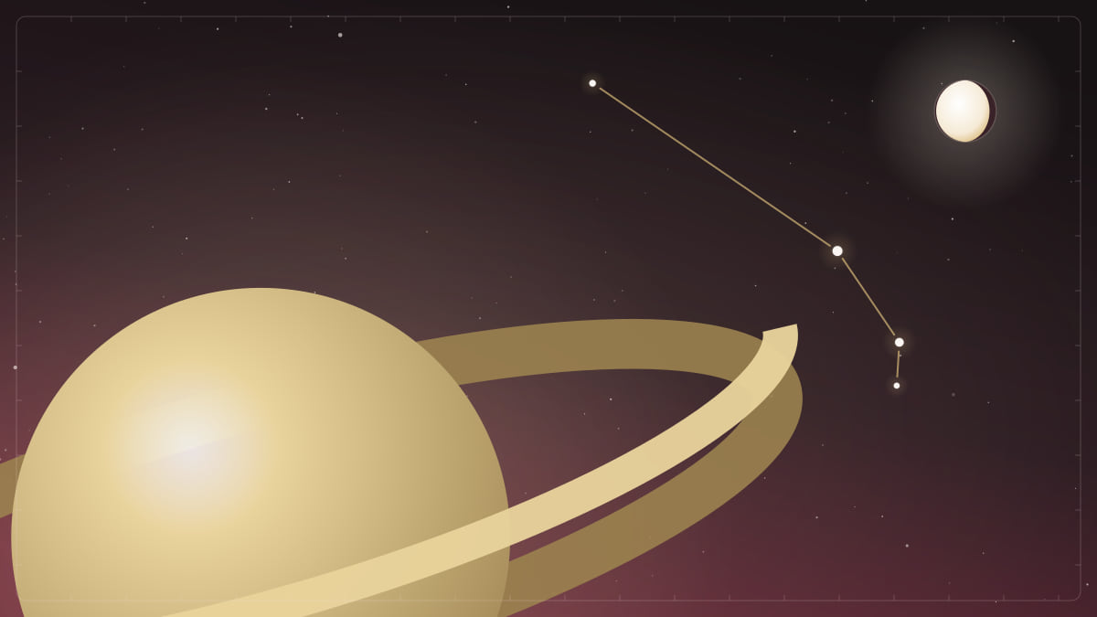 Illustration of Saturn in the foreground of a starry sky, near the Aries constellation