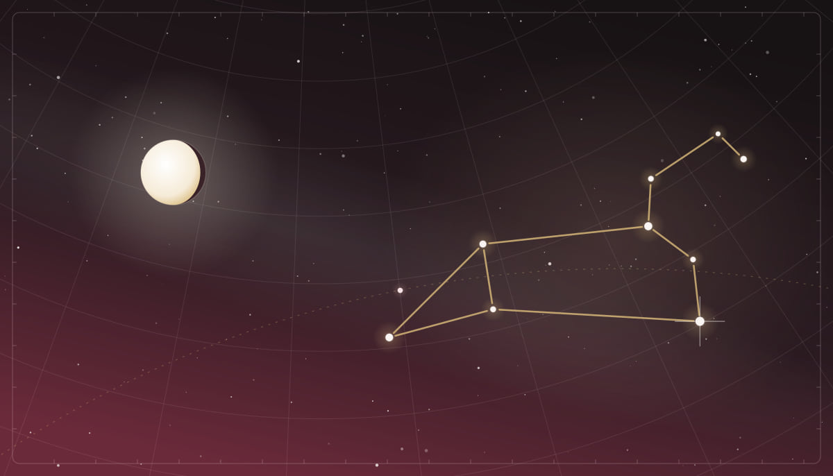 Star chart of the Leo constellation with a waning gibbous Moon