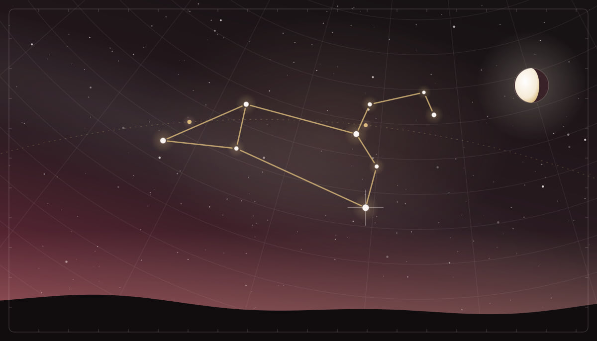 Star chart of the Leo constellation with a waning gibbous Moon