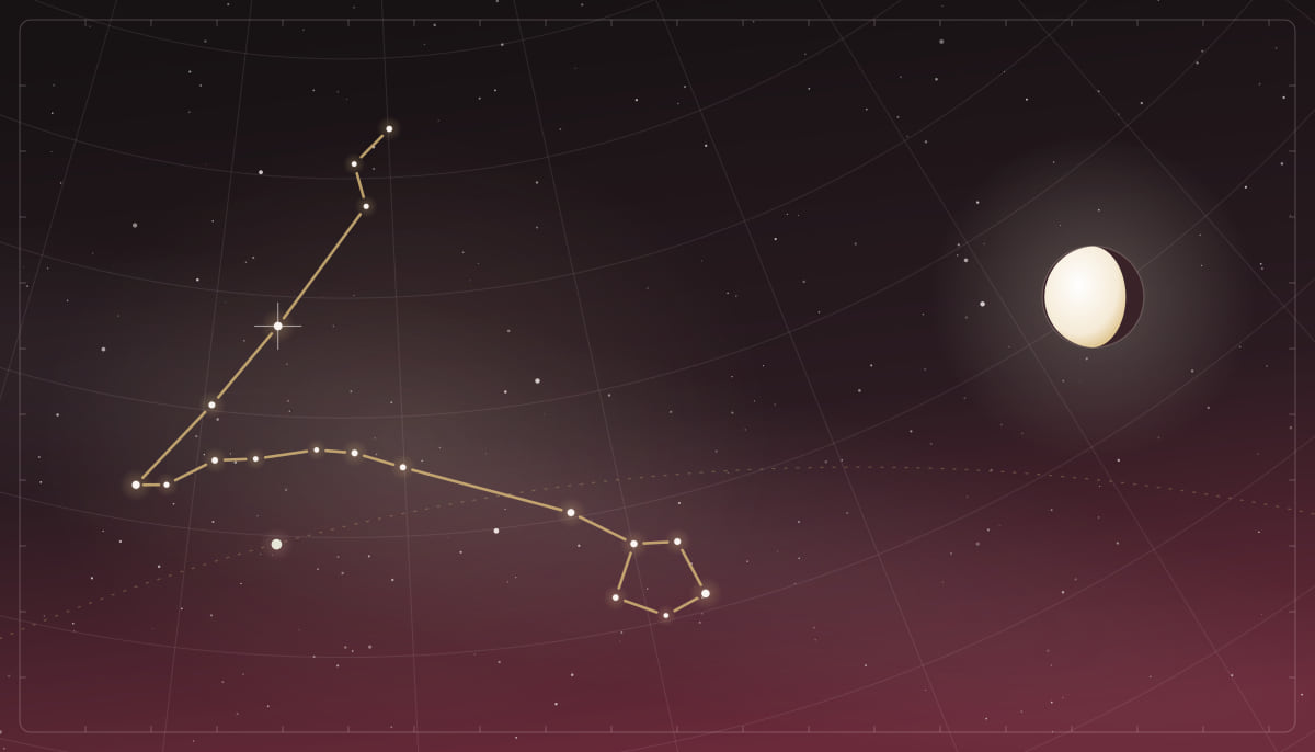 Star chart of the Pisces constellation with a waning gibbous Moon