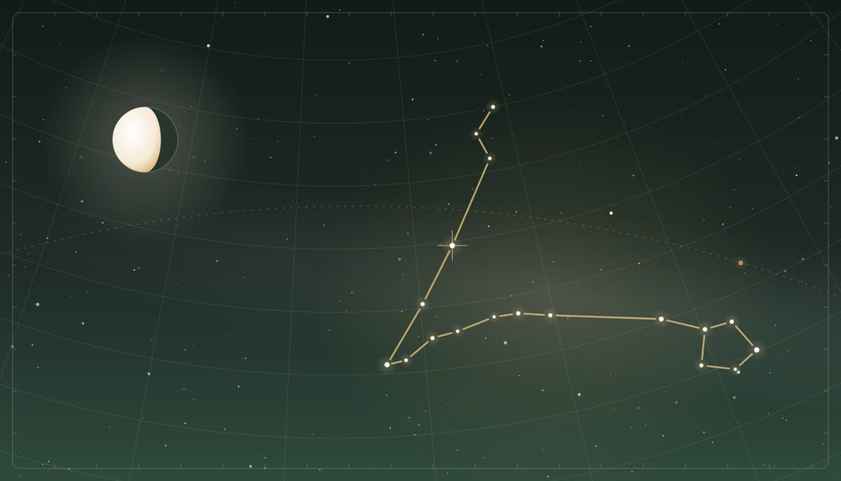 Star chart of the Pisces constellation with a waning gibbous Moon