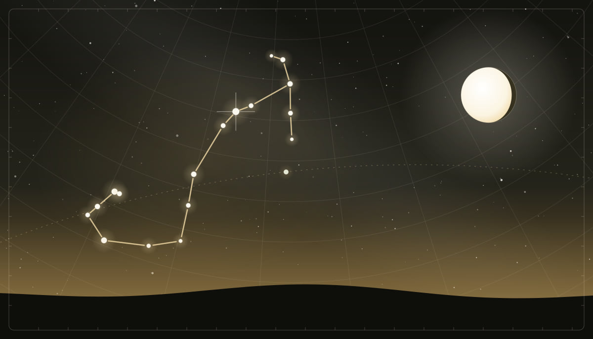 Star chart of the Scorpius constellation with a waning gibbous Moon