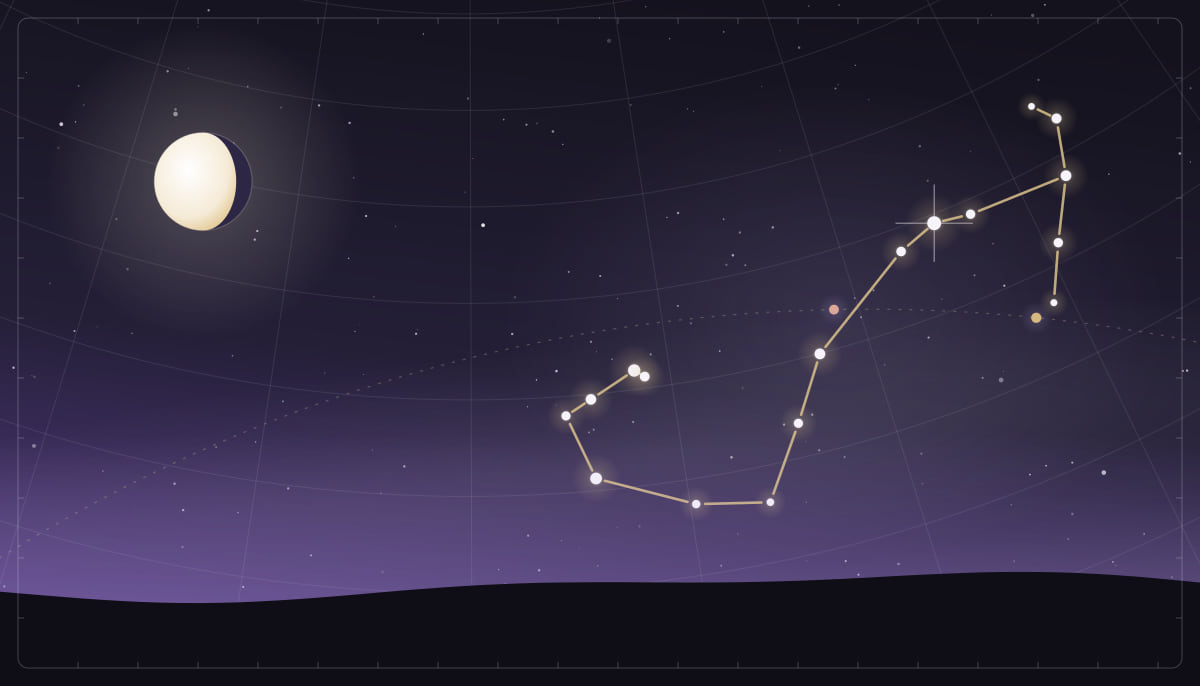 Star chart of the Scorpius constellation with a waning gibbous Moon