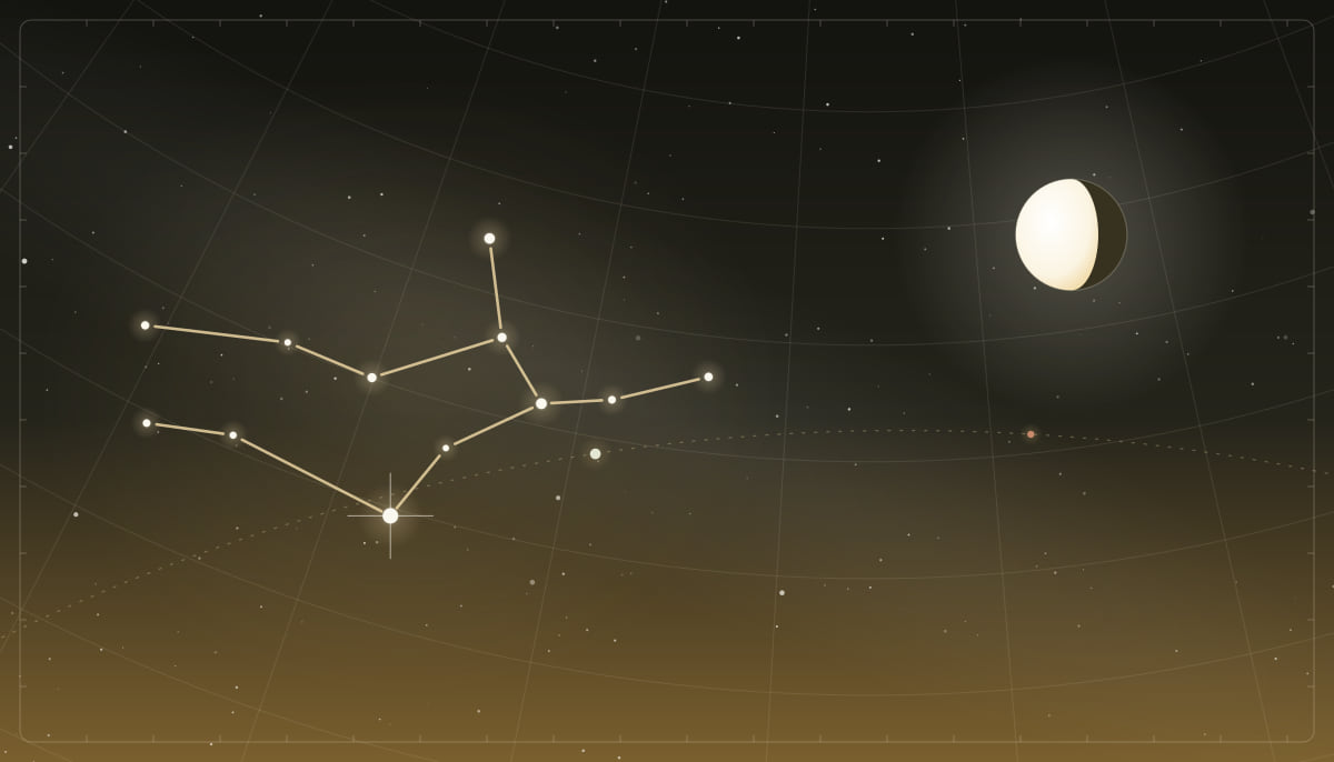 Star chart of the Virgo constellation with a waning gibbous Moon