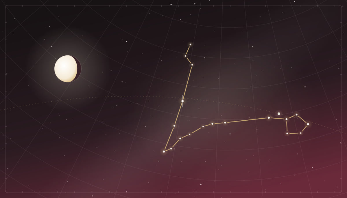 Star chart of the Pisces constellation with a waning gibbous Moon